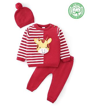 Babyhug Organic Cotton Knit Full Sleeves Sweater Set with Cap Reindeer Patch & Stripes - Red & White