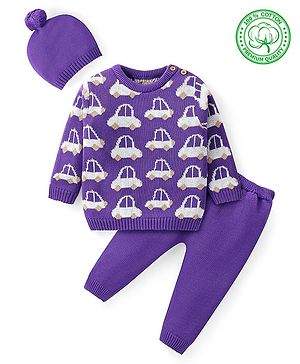 Babyhug Knit Full Sleeves Pullover Sweater Set with Cap & Car Design - Purple