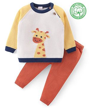 Babyhug Knit Full Sleeves Sweater Set with Giraffe Design - Yellow & Rust