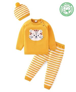 Babyhug Knitted Full Sleeves Striped Sweater Set with Cap & Tiger Patch -  Yellow