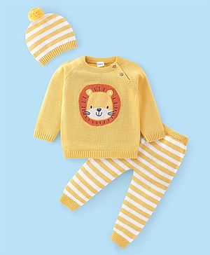 Babyhug Full Sleeves Sweater Set with Cap Lion Design - Yellow