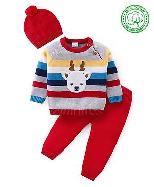 Babyhug Organic Cotton Knit Raglan Sleeves Sweater Set with Cap Reindeer Patch & Stripes - Multicolour