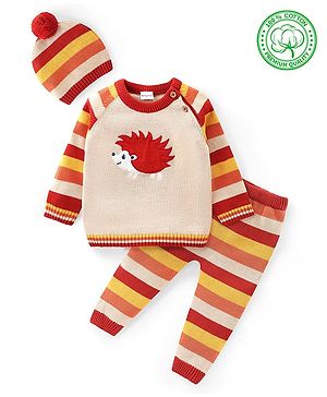 Babyhug Organic Cotton Knit Raglan Full Sleeves Striped Sweater Set & Cap with Porcupine Patch Detailing - Beige & Rust