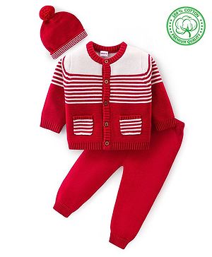 Babyhug Knit Full Sleeves Front Open Sweater Set with Cap & Stripes Design - Red & White