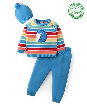 Babyhug Knitted Full Sleeves Pullover Striped Sweater Set with Cap & Hedgehog Design- Multicolour