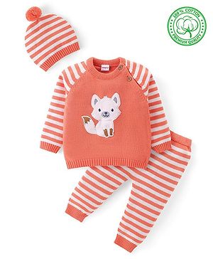 Babyhug Knit Full Sleeves Sweater Set with Cap Fox Design - Orange