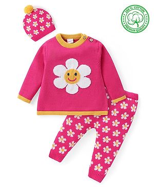 Babyhug Knitted Full Sleeves Pullover Floral Designed Sweater Set with Cap- Dark Pink