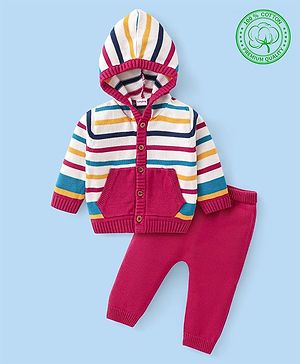 Babyhug Cotton Knit Full Sleeves Front Open Hooded Sweater Set with Stripes Design - Red