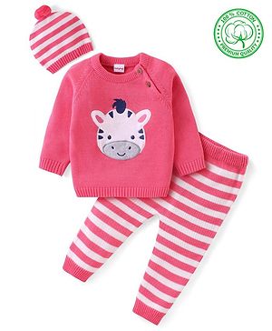 Babyhug Organic Cotton Knit Full Sleeves Striped Sweater Set & Cap - Pink