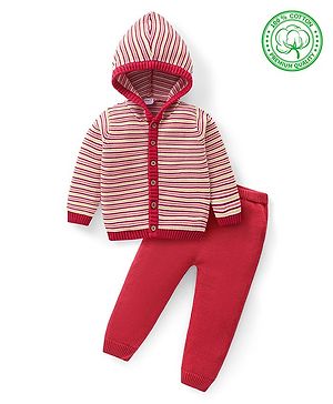 Babyhug Knitted Full Sleeves Striped Hooded Sweater Set - Red