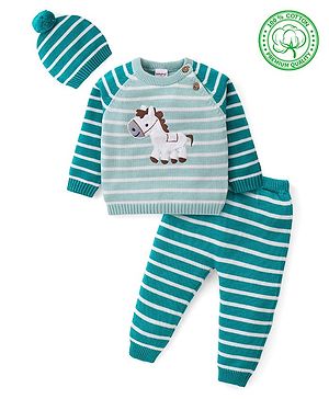Babyhug Knitted Full Raglan Sleeves Pullover Sweater Set With Cap & Horse Patch Detailing - Green