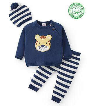 Babyhug Knit Full Raglan Sleeves Sweater Set With Stripes & Animal Patch Work Detailing with Cap - Navy Blue