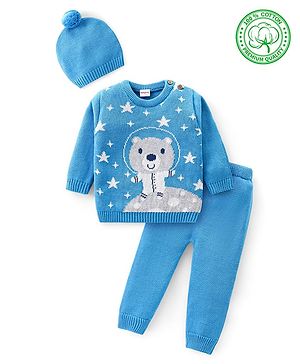 Babyhug Knitted Full Sleeves Pullover Sweater Set with Cap & Bear Design- Blue