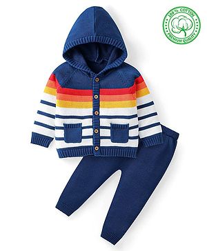 Babyhug Knit Full Sleeves Hooded Sweater with Pockets - Navy Blue