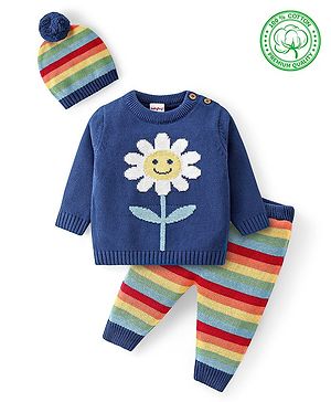 Babyhug Knitted Full Sleeves Pullover Striped Sweater Set with Cap & Floral Design - Navy Blue