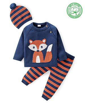 Babyhug Knitted Full Raglan Sleeves Pullover Sweater Set with Cap Striped & Fox Design - Navy Blue & Orange