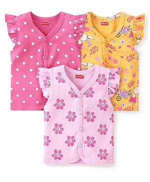Babyhug 100% Cotton Knit Frill Sleeves Set of Vests Polka Dots & Floral Print Pack of 3 - Multicolour