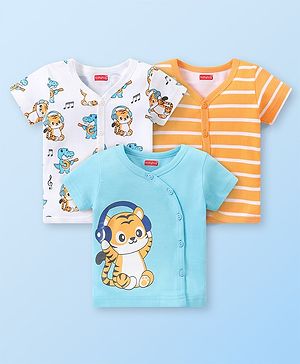 Babyhug 100% Cotton Knit Set of  Vests with Striped Crocodile & Tiger Print Pack of 3 - Multicolour