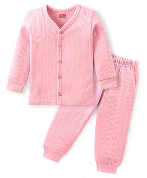 Babyhug Full Sleeves Front Open Solid Thermal Vest & Pant - Pink