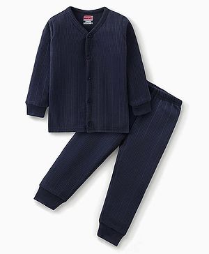 Babyhug Full Sleeves Front Open Solid Thermal Vest & Pant - Navy Blue