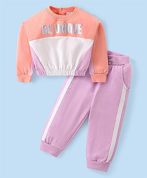 Babyhug Terry Knit Full Sleeves Top & Pants Set With Text Print - Pink & White