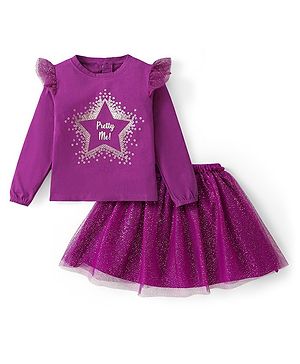 Babyhug Cotton Knit Full Sleeves Top & Mesh Overlay Skirt Set With Foil Text Print - Purple