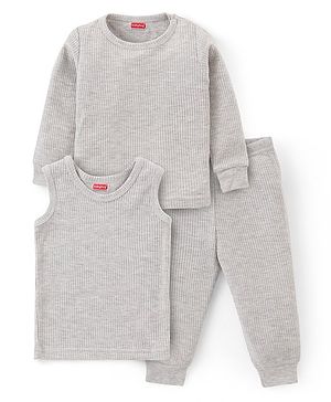 Babyhug Full Sleeves Solid Colour Thermal  T-Shirt & Pant Set with Vest - Light Grey