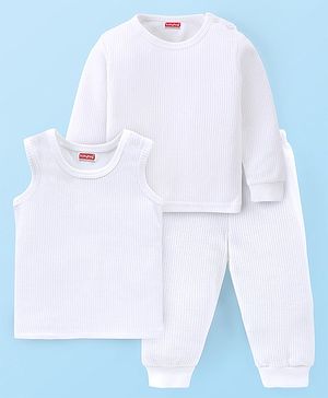 Babyhug Solid Colour Full Sleeve & Sleeveless Thermal Vests & Pant Set - Off White