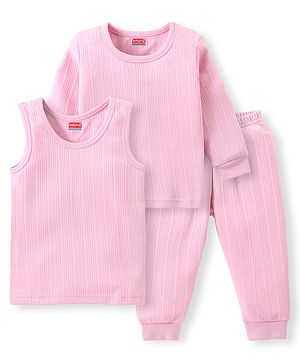 Babyhug Cotton Full Sleeves Thermal Vest and Pant Set Solid - Pink