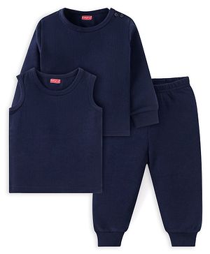 Babyhug  Full Sleeves Thermal Vest Pullover & Pant Set Solid Colour - Navy Blue