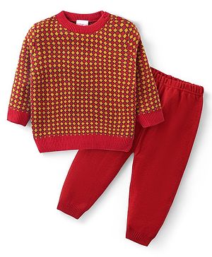 Babyhug Knit Full Sleeves Sweater Set with Aztec Design -Rust Red