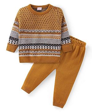 Babyhug Knit Full Sleeves Sweater Set with Aztec Design- Mustard
