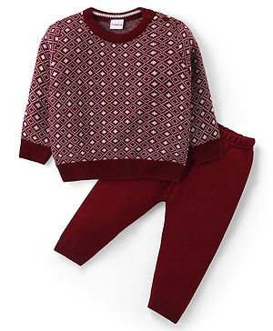 Babyhug Knitted Full Sleeves Sweater & Pant Set with Diamond Design - Red Babyhug Knitted Full Sleeves Sweater & Pant Set with Diamond Design - Red