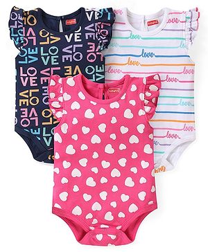Babyhug 100% Cotton Knti Frill Sleeves Hearts & Text Printed Onesies Pack of 3 - Pink Navy & White