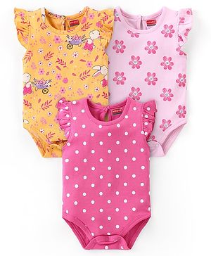 Babyhug 100% Cotton Knit Frill Sleeves Onesies  with Floral & Polka Dot Print Pack of 3 - Multicolour