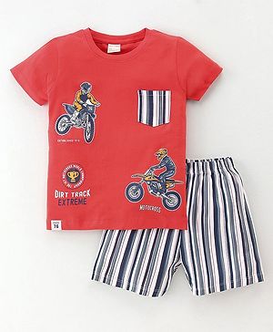 CUCUMBER Sinker Knit Half Sleeves T-Shirt & Shorts Set with Bike Print -  Red