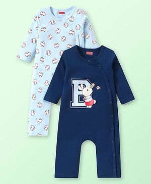 Babyhug 100% Cotton Knit Full Sleeves Rompers with Baseball & Bunny Print  Pack of 2 - Multicolour