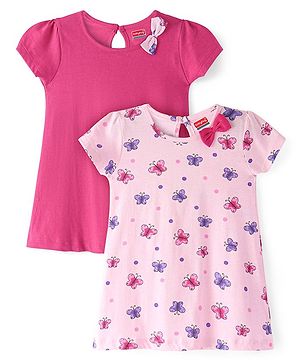Babyhug Single Jersey Cap Sleeves Knee Length Frocks with Bow Butterfly Print Pack of 2- Pink