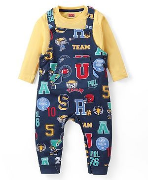 Babyhug Cotton Knit Full Sleeves T-Shirt & Dungaree Set with Elephant Print - Orange & Blue