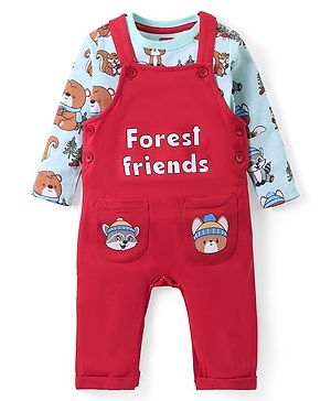 Babyhug Cotton Knit Full Sleeves T-Shirt & Dungaree Set with Bear Print - Red & Blue