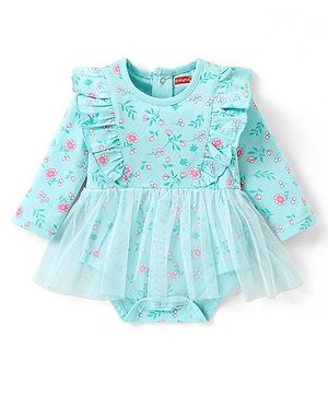 Babyhug 100% Cotton Knit Full Sleeves Frock Style Onesie with Floral Print - Blue