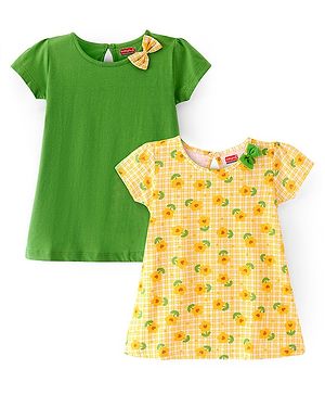 Babyhug Single Jersey Knit Half Sleeves Frock with Bow Applique & Floral Print Pack of 2 - Green & Yellow