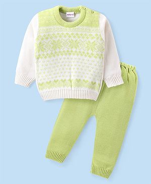Babyhug Knitted Full Sleeves Sweater Set with Floral Design - Lime Green