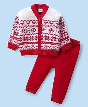 Babyhug Knit Full Sleeves Front Open Sweater & Pant Set Floral Design - Red