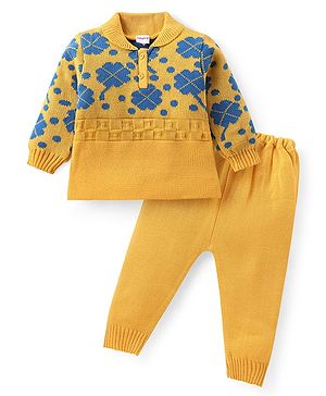 Babyhug Knitted Full Sleeves Sweater Set with Floral Design - Yellow