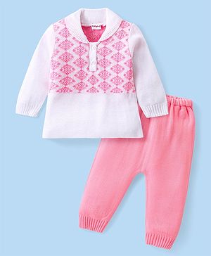 Babyhug Knitted Full Sleeves Collar Neck Sweater Set With Aztec Design - Pink