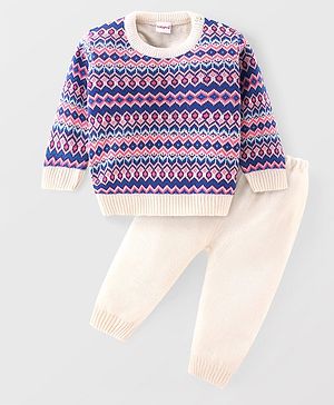 Babyhug Knit Full Sleeves Sweater Set with Aztec Design - Purple