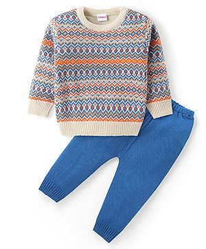 Babyhug Knit Full Sleeves Pullover Sweater Intarsia Design - Blue & Orange