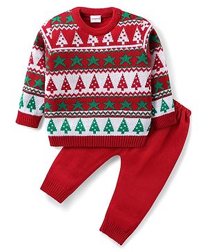 Babyhug Knit Full Sleeves Sweater Set with Christmas Theme Design - Red