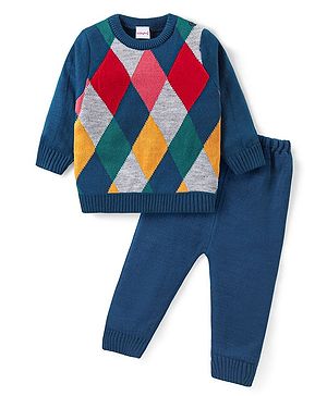 Babyhug Knitted Full Sleeves Sweater Set  with Argyle Design - Navy Blue & Grey